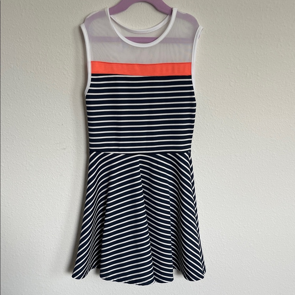 Sally miller  Couture Navy and White Striped Dress with Orange Detail